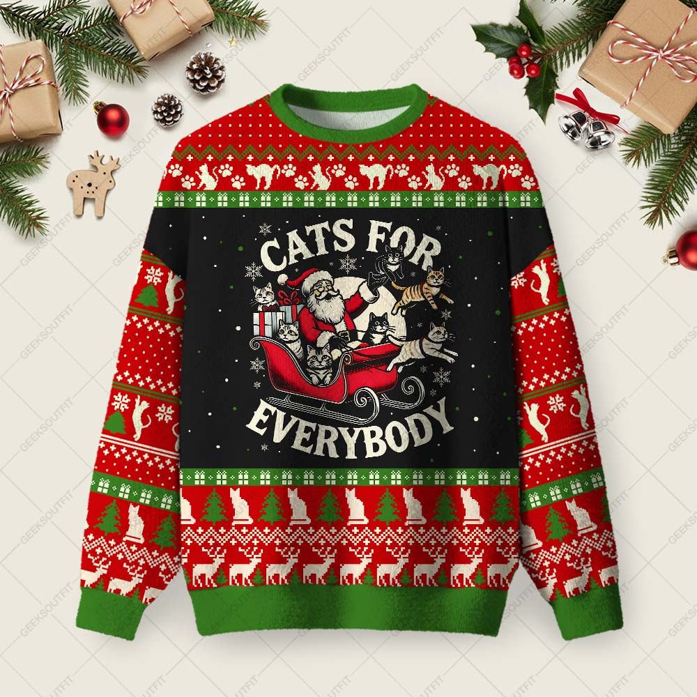 Geeksoutfit Cats For Everybody Ugly Christmas Fuzzy Fleece Sweatshirt for Sale