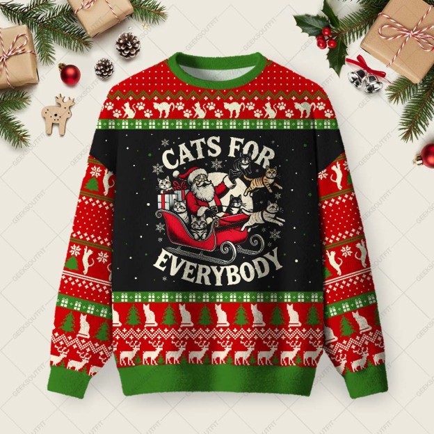 Cats For Everybody Ugly Christmas Fuzzy Fleece Sweatshirt