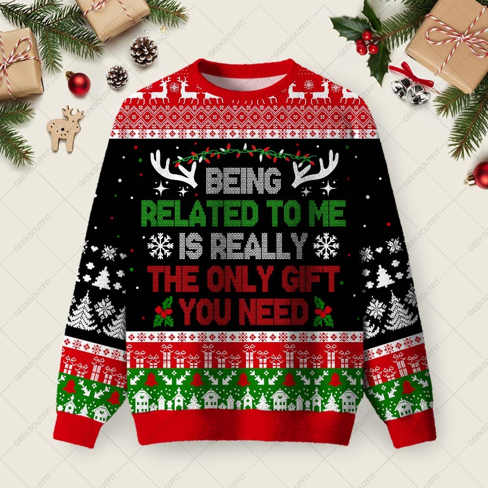 Geeksoutfit Being Related to Me Ugly Christmas Fuzzy Fleece Sweatshirt for Sale