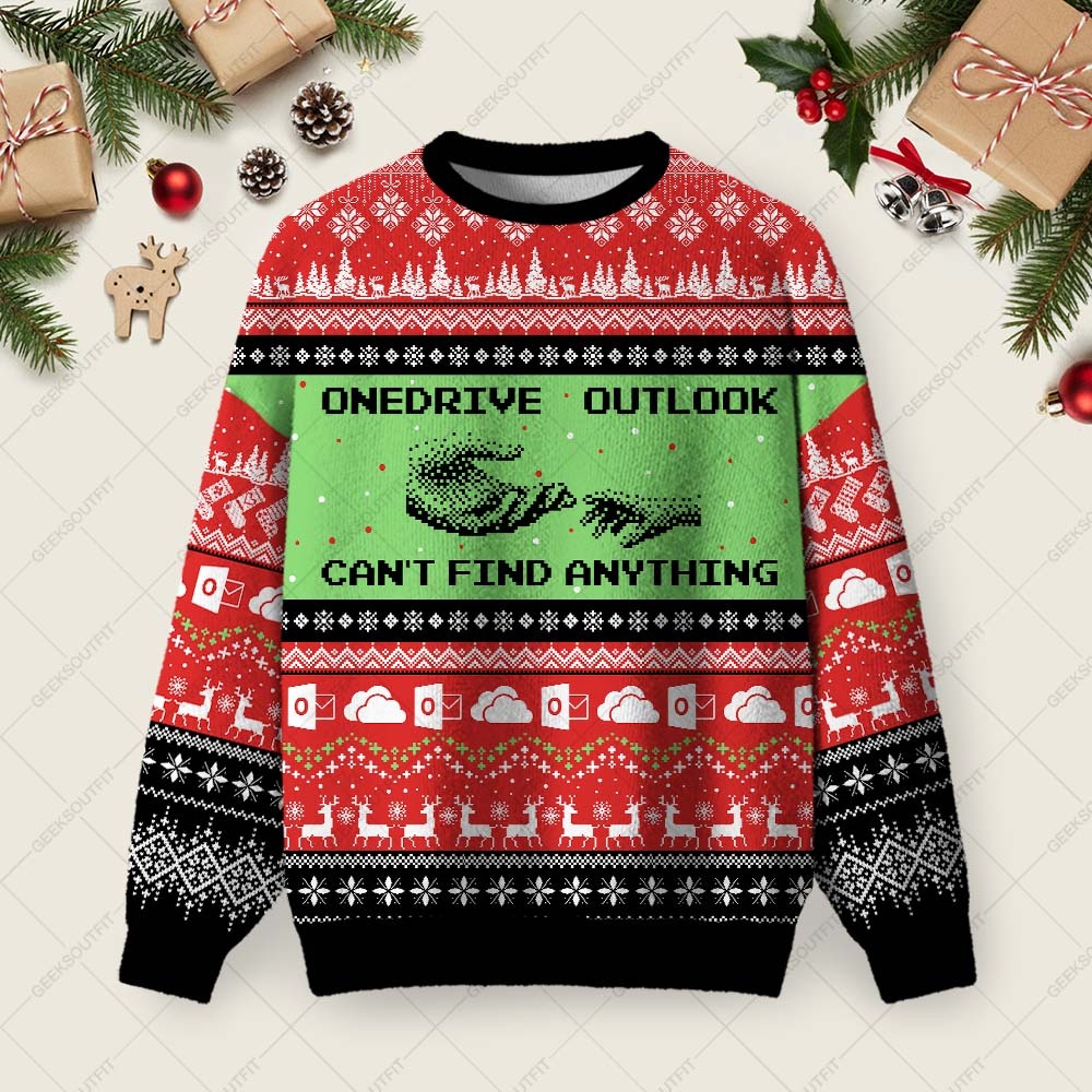 Geeksoutfit Onedrive Outlook Can't Find Anything Ugly Christmas Fuzzy Fleece Sweatshirt for Sale