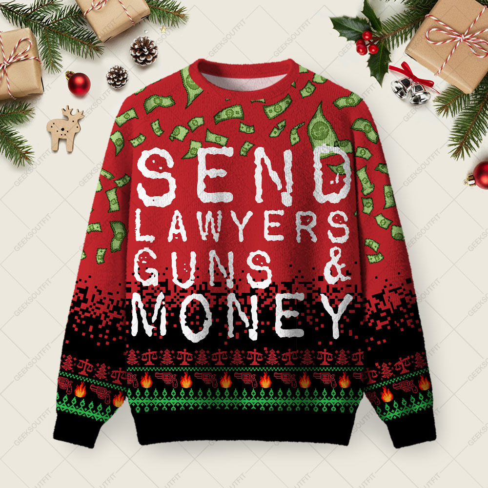 Geeksoutfit Send Lawyers Guns & Money Ugly Christmas Fuzzy Fleece Sweatshirt for Sale