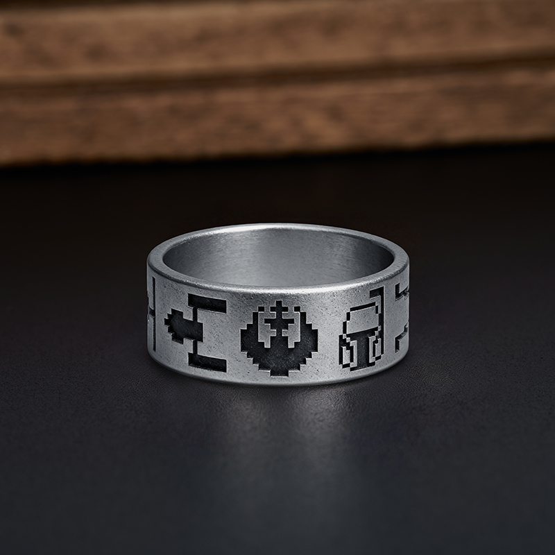 Pixel Battle Ship Geek Silver Band Ring