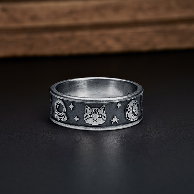 Pixel Space Cat Retro Geek Silver Band Ring