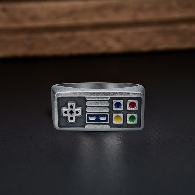 Classic 90s Gaming Geek Silver Band Ring
