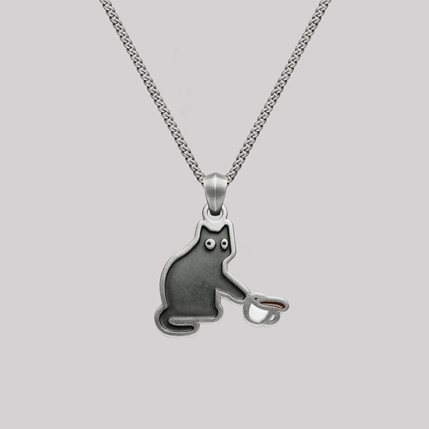 Cat With Coffee Retro Geek Sculptural Necklace