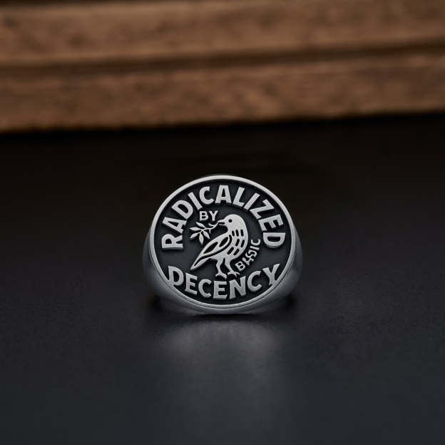 Radicalized by Basic Decency Geek Silver Band Ring