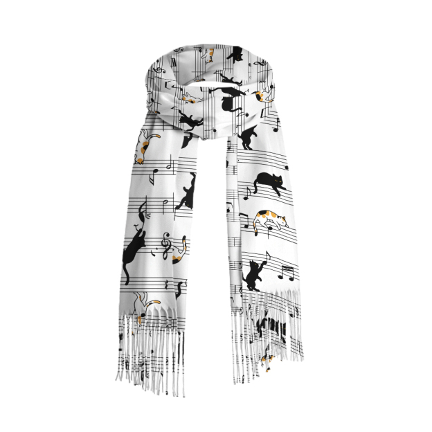 Meow-sic Notes Playful Kittens on Musical Staff Geek Soft Fringed Scarf