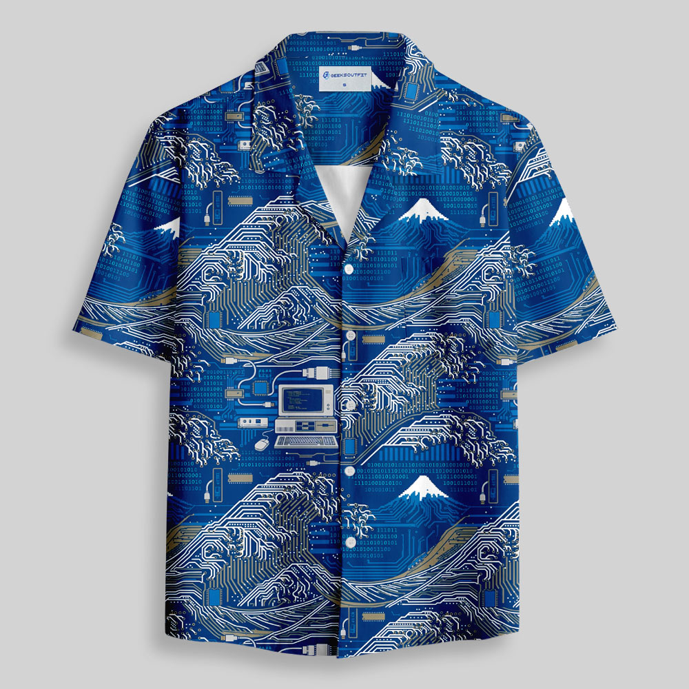 Great Wave Circuit Board Button Up Pocket Shirt