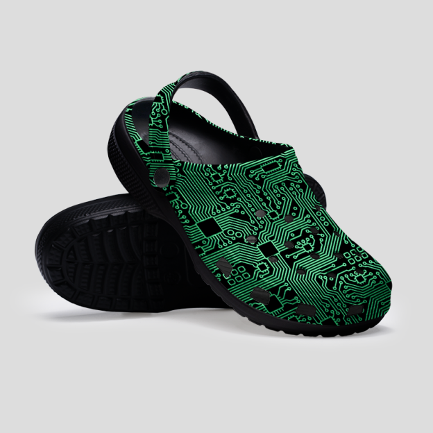 Computer Circuit Board Green Geek Rubber Clogs
