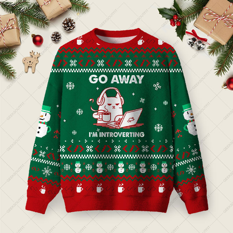 Geeksoutfit Go Away I'm Introverting Ugly Christmas Fuzzy Fleece Sweatshirt for Sale