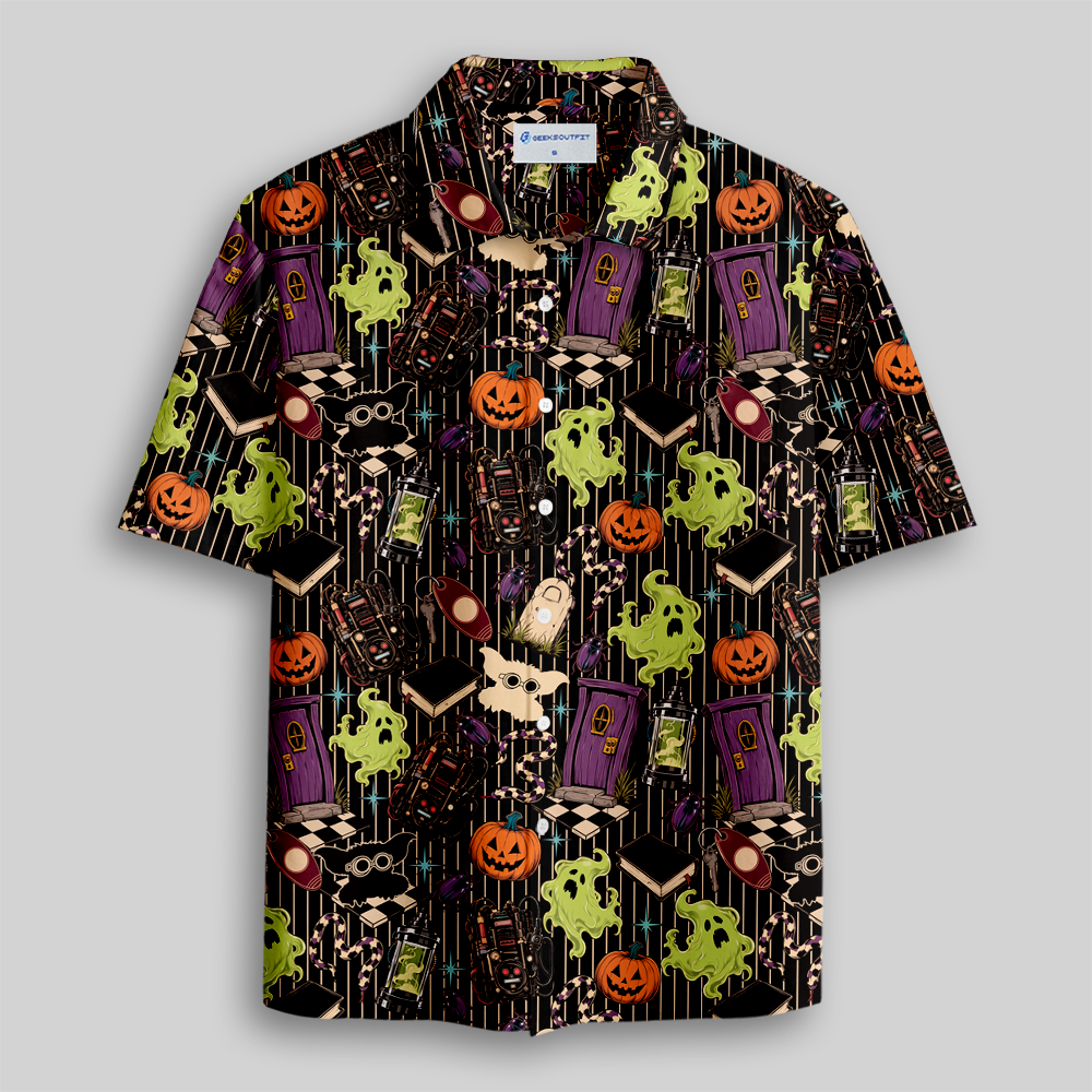 Gothic Halloween Spooky Curiosities Button Up Pocket Shirt