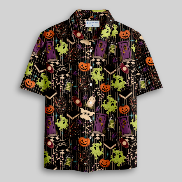 Gothic Halloween Spooky Curiosities Button Up Pocket Shirt