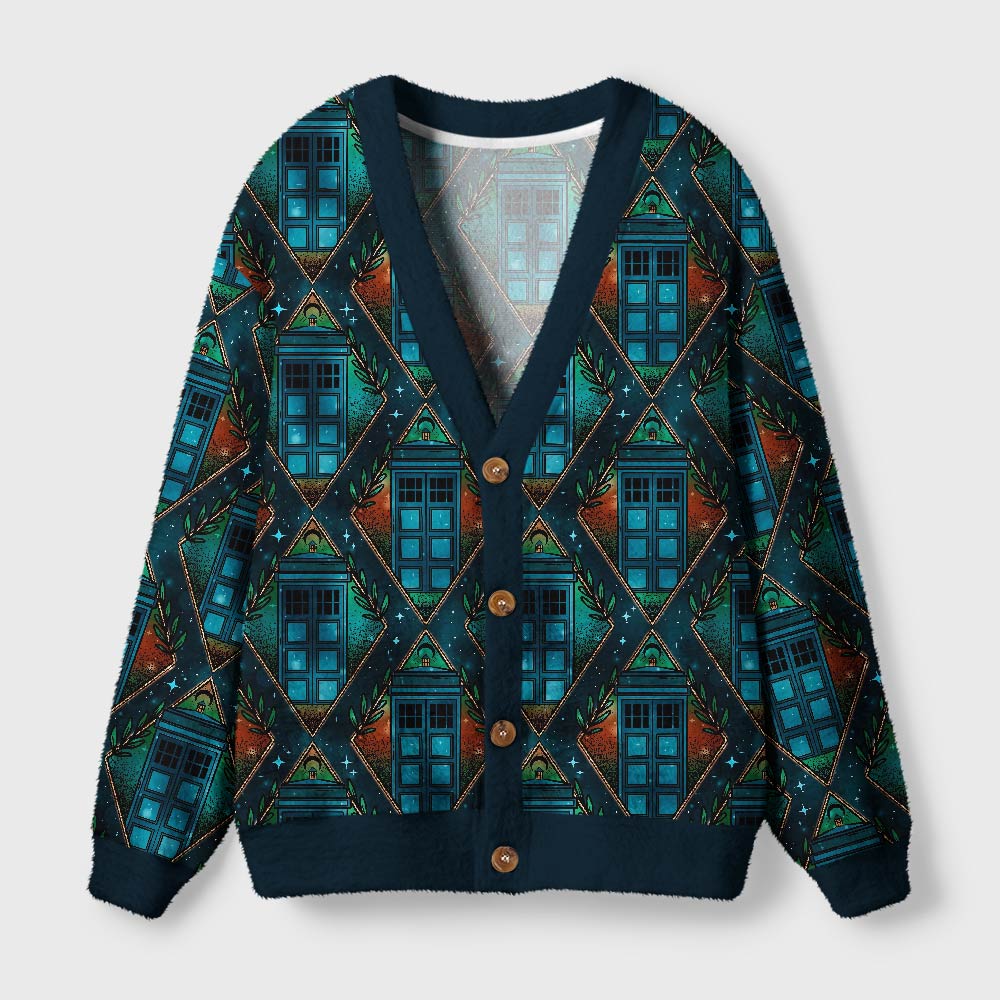 Mysterious Phone Booth Diamond Grid Geek Ugly Cardigan Sweaters