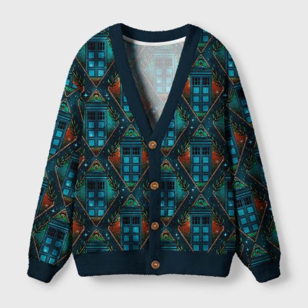 Mysterious Phone Booth Diamond Grid Geek Ugly Cardigan Sweaters