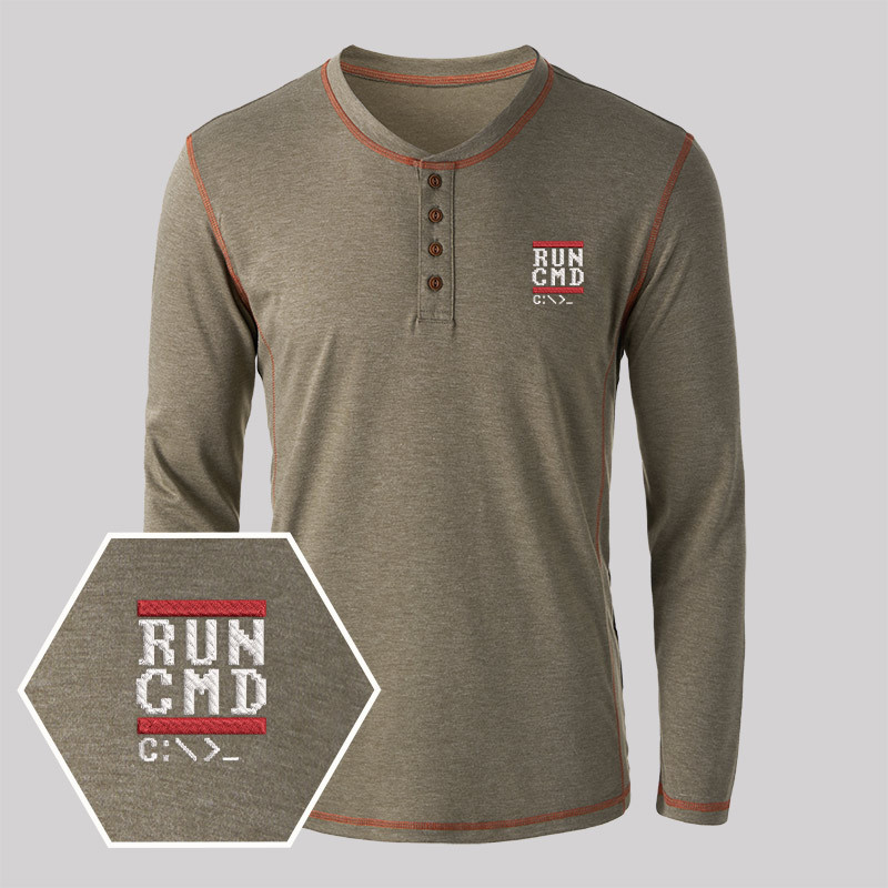 Run CMD Geek Embroidered Long Sleeve Henley Shirts