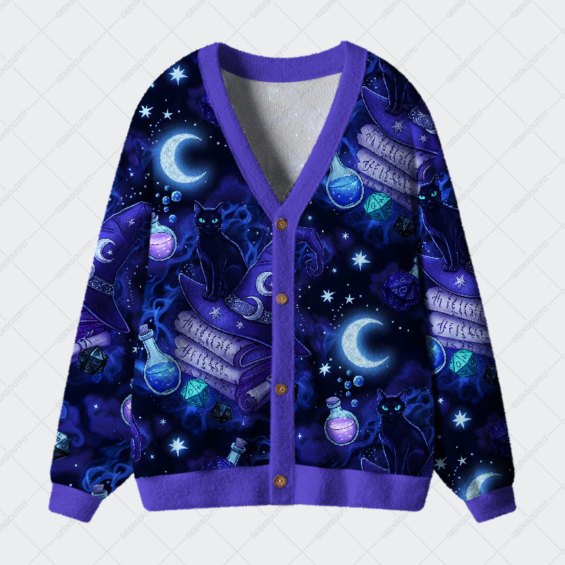 Magic Cats and DND Night Geek Ugly Cardigan Sweaters 