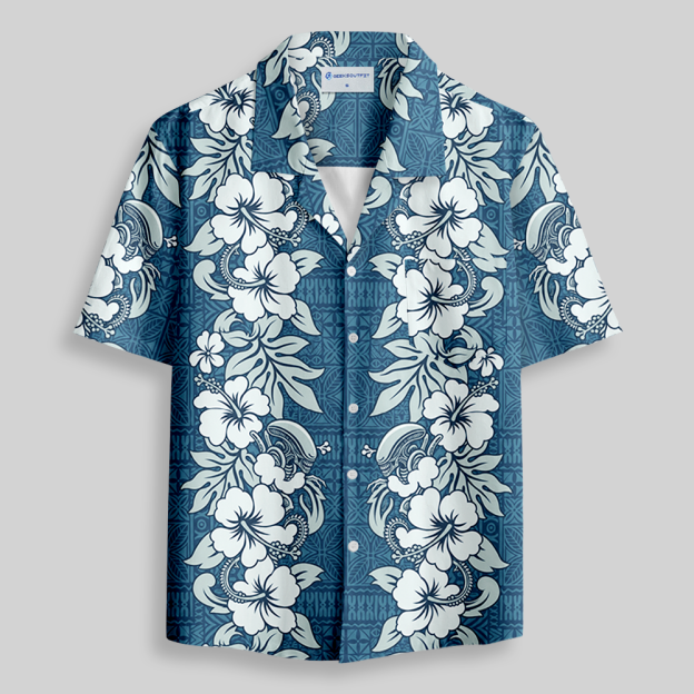 Ocean Blue Sci-Fi Tropical Floral Tribal Print Button Up Pocket Shirt