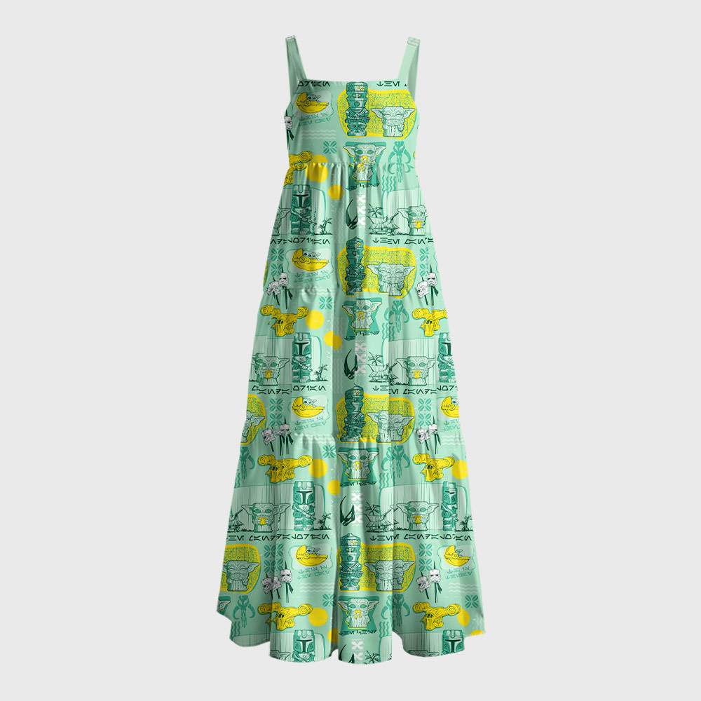 Hawaiian Traditional Tiki Green Geek Tiered Cami Maxi Dress