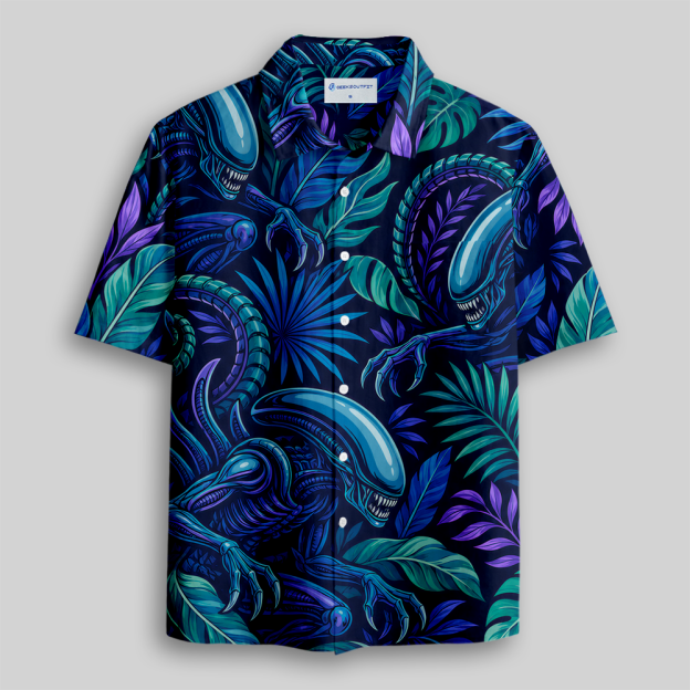 Retro Sci-Fi Void Predator Tropical Button Up Pocket Shirt
