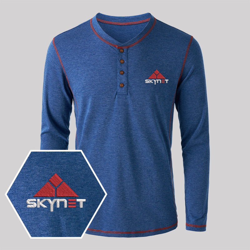 Skynet Core Geek Embroidered Long Sleeve Henley Shirts