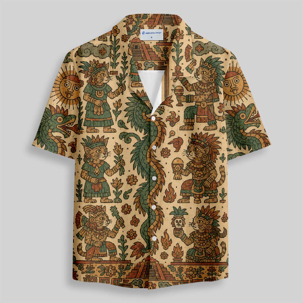 Feathered Serpent Cat Codex Button Up Pocket Shirt