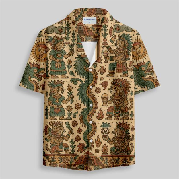 Feathered Serpent Cat Codex Button Up Pocket Shirt