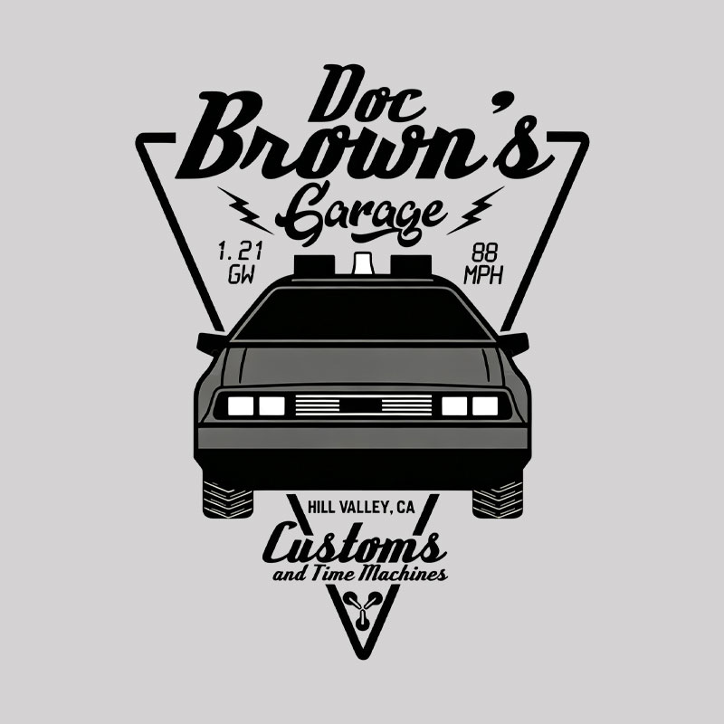 Doc Brown's Garage Customs And Time Machines Hill Valley Geek T-Shirt