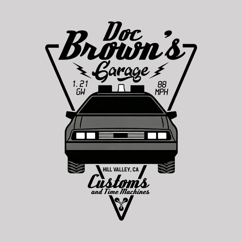 Doc Brown's Garage Customs And Time Machines Hill Valley Geek T-Shirt