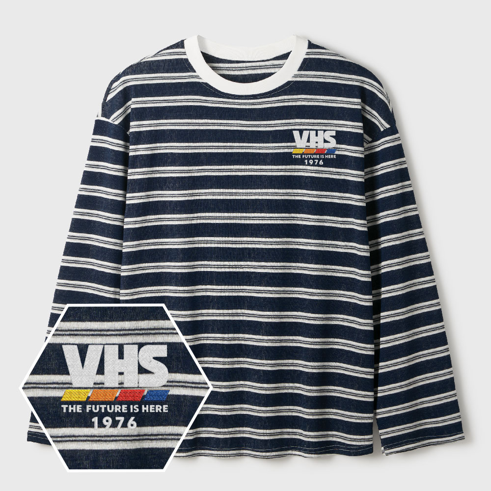 VHS The Future Is Here Lycra Striped Embroidered Long-Sleeve Shirts
