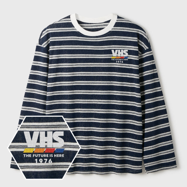 VHS The Future Is Here Lycra Striped Embroidered Long-Sleeve Shirts