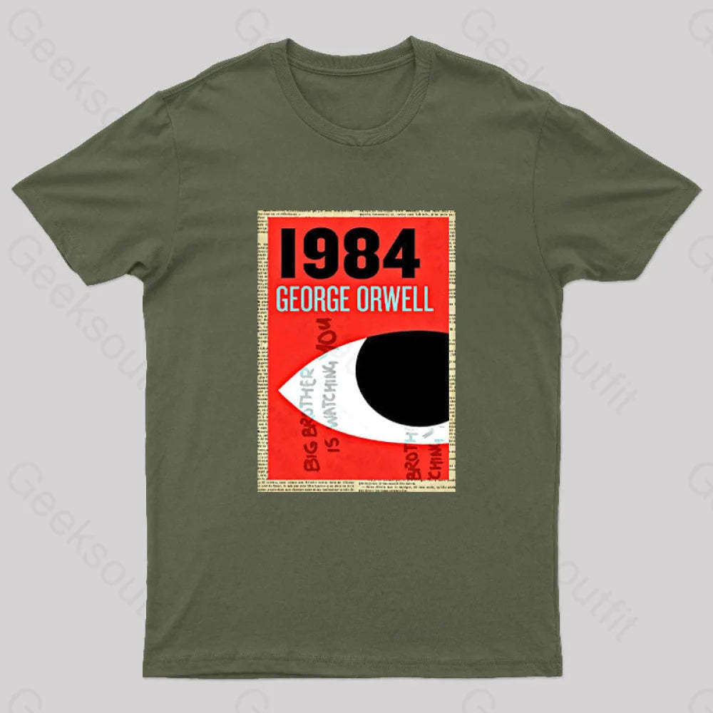 1984 Book Cover By George Orwell Geek T-Shirt Army Green / S