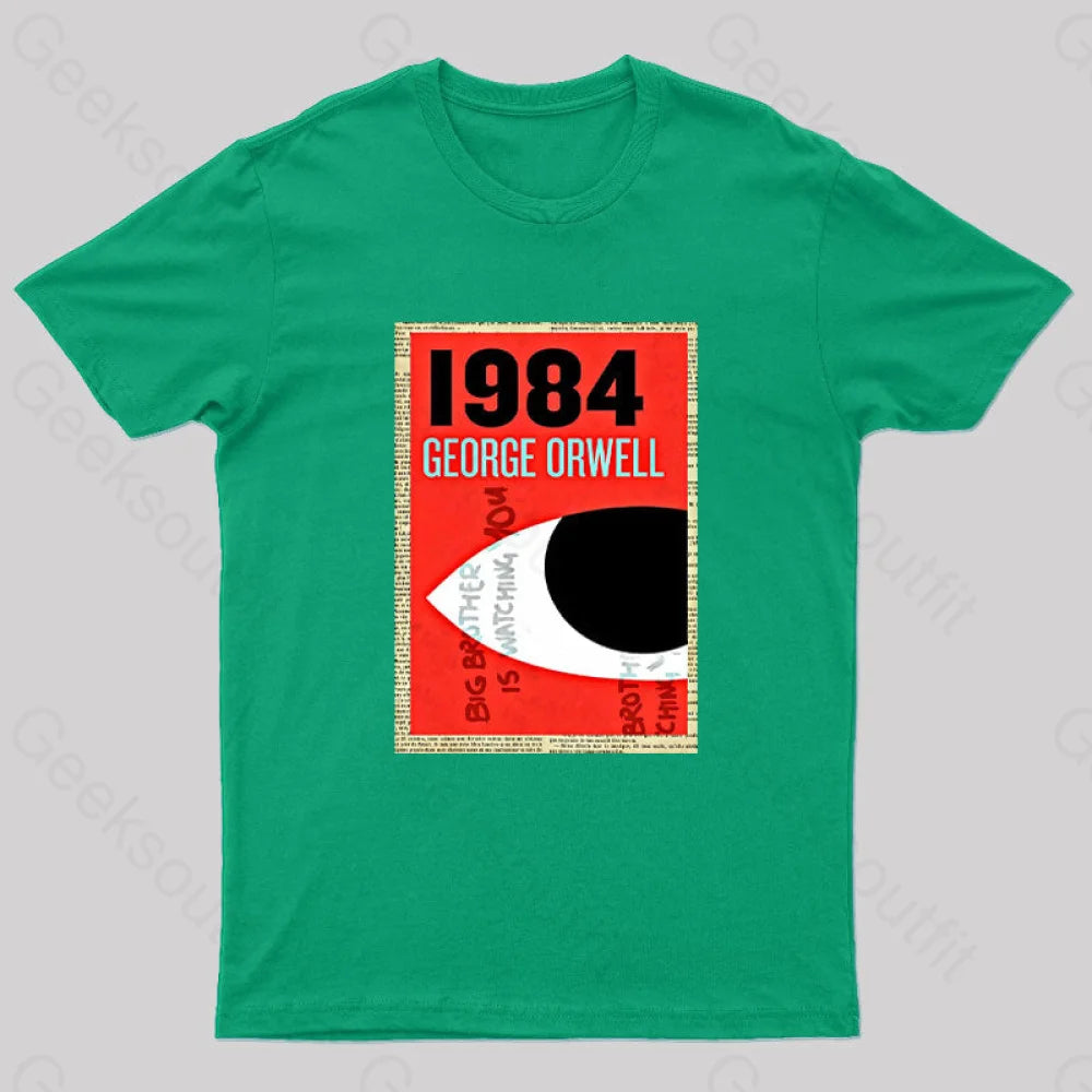 1984 Book Cover By George Orwell Geek T-Shirt Green / S