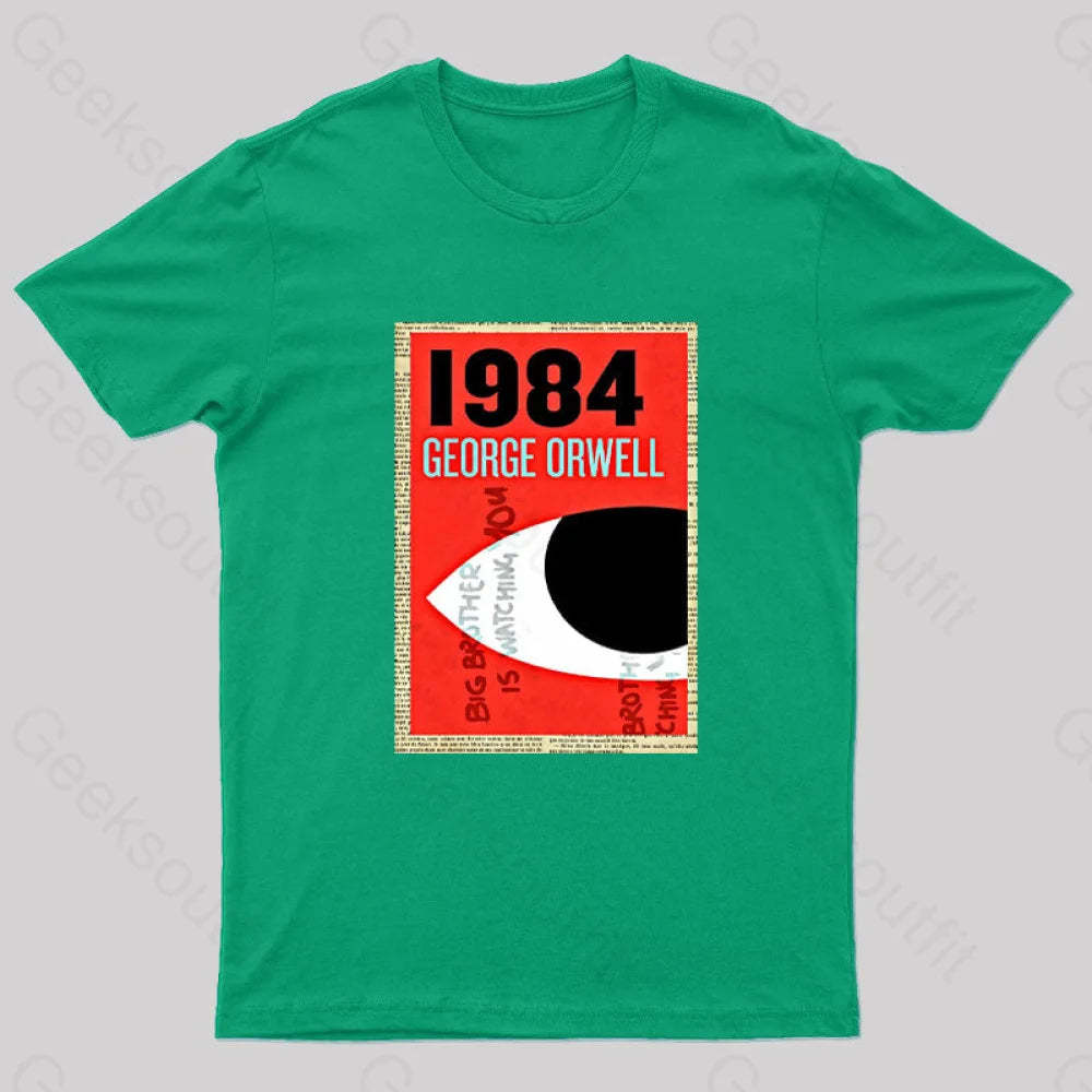 1984 Book Cover By George Orwell Geek T-Shirt Green / S