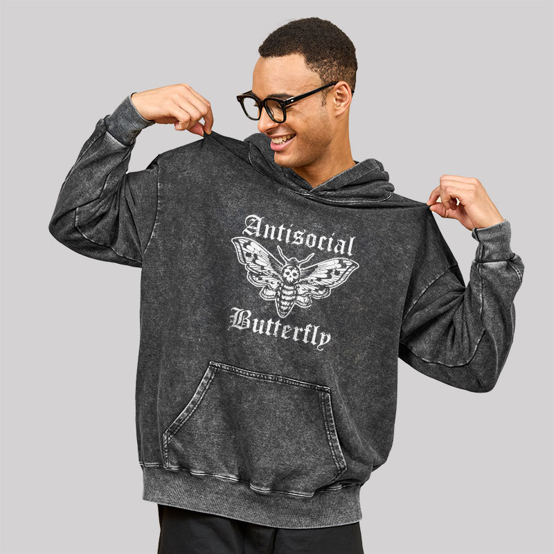 Funny Antisocial Butterfly Washed Hoodie