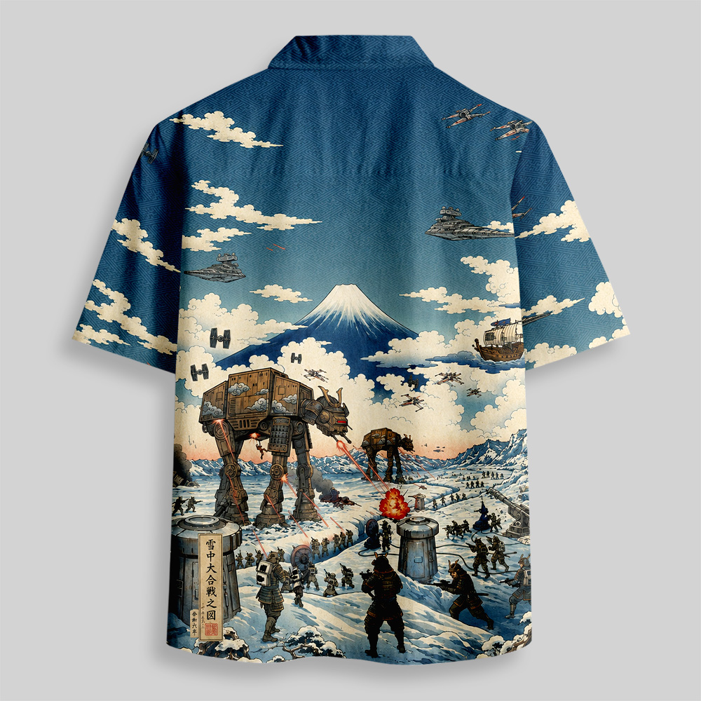 Vintage Ukiyo-e Style Galactic Ice Planet Battle Button Up Pocket Shirt