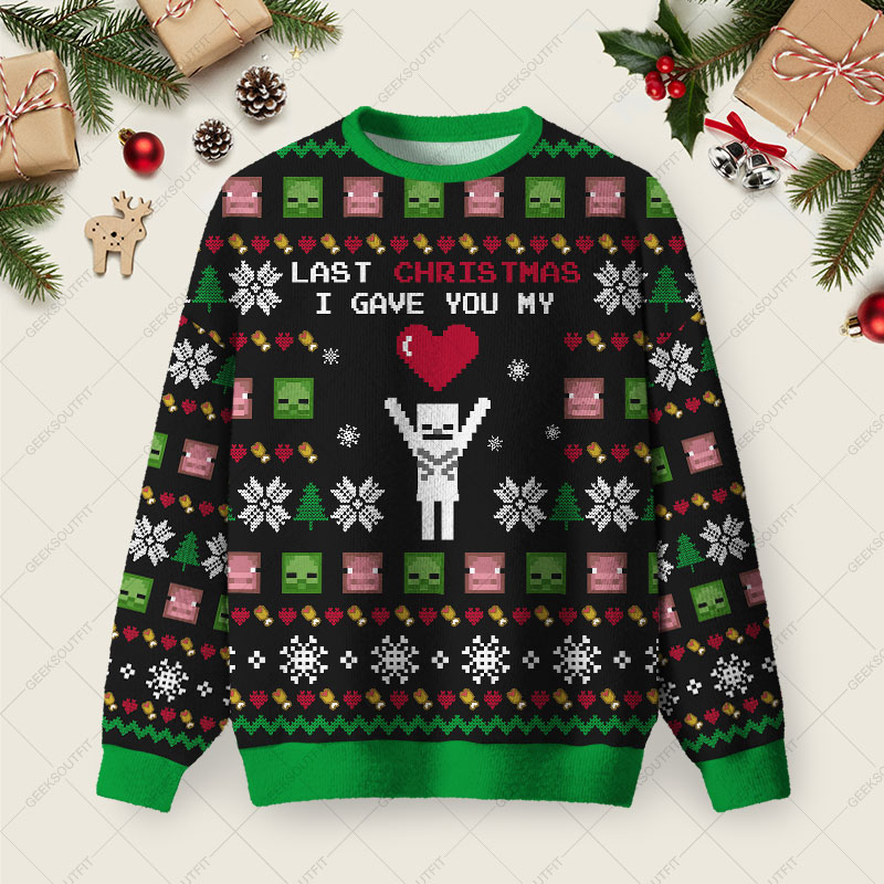 Last Christmas I Give You My World Black Ugly Christmas Fuzzy Fleece Sweatshirt