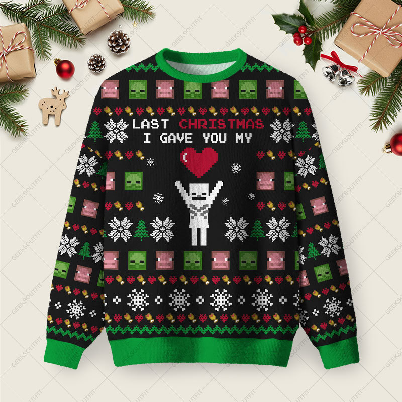 Geeksoutfit Last Christmas I Give You My World Black Ugly Christmas Fuzzy Fleece Sweatshirt for Sale