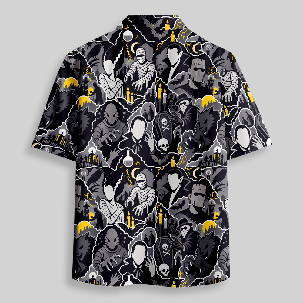 Classic Spooky Monster Collage All‑Over Button Up Pocket Shirt