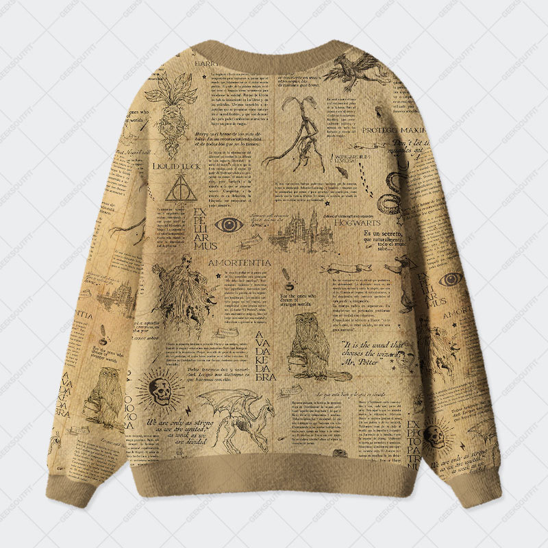 Magic Academy Vintage Hand Drawn Book Illustration Geek Ugly Cardigan Sweaters 