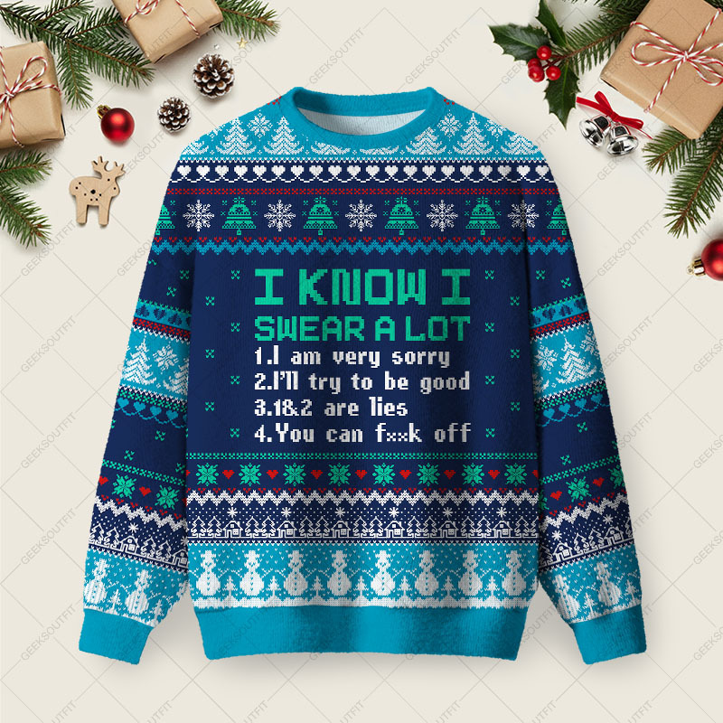 Geeksoutfit I Know I Swear A Lot Ugly Christmas Fuzzy Fleece Sweatshirt for Sale