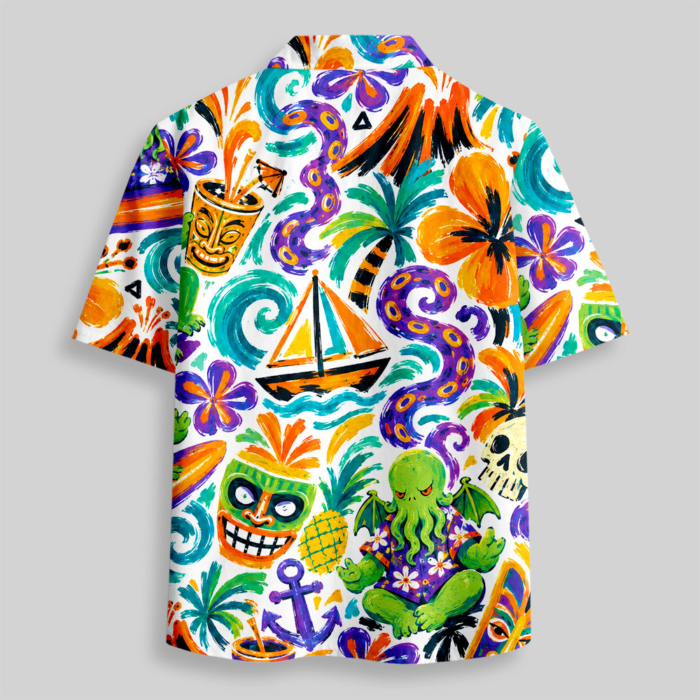 Surfing Cthulhu Tropical Hawaiian Button Up Pocket Shirt