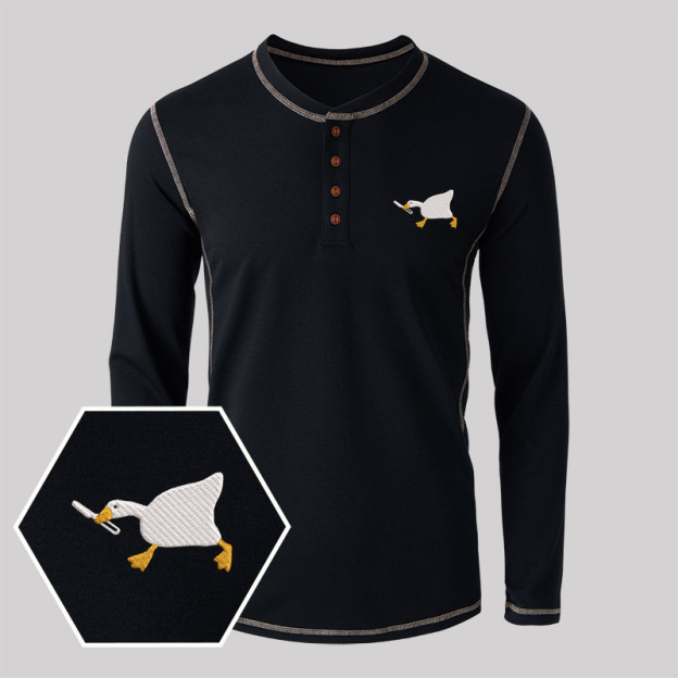 Knife Goose Geek Embroidered Long Sleeve Henley Shirts
