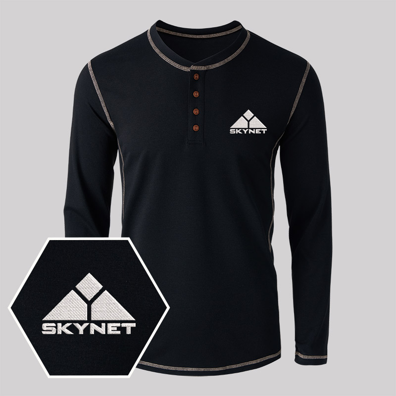 Skynet Embroidered Long Sleeve Henley Shirts