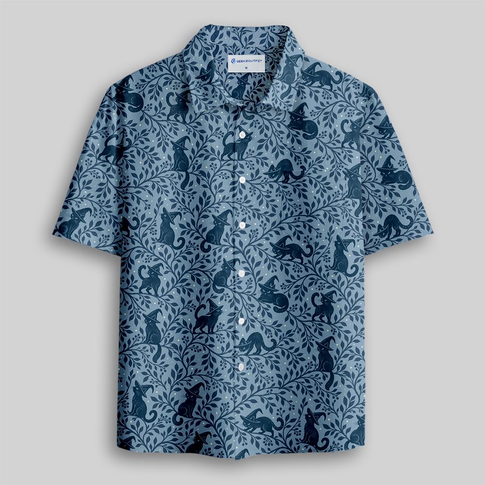Woodland Witch Blackcat Fantasy Button Up Pocket Shirt