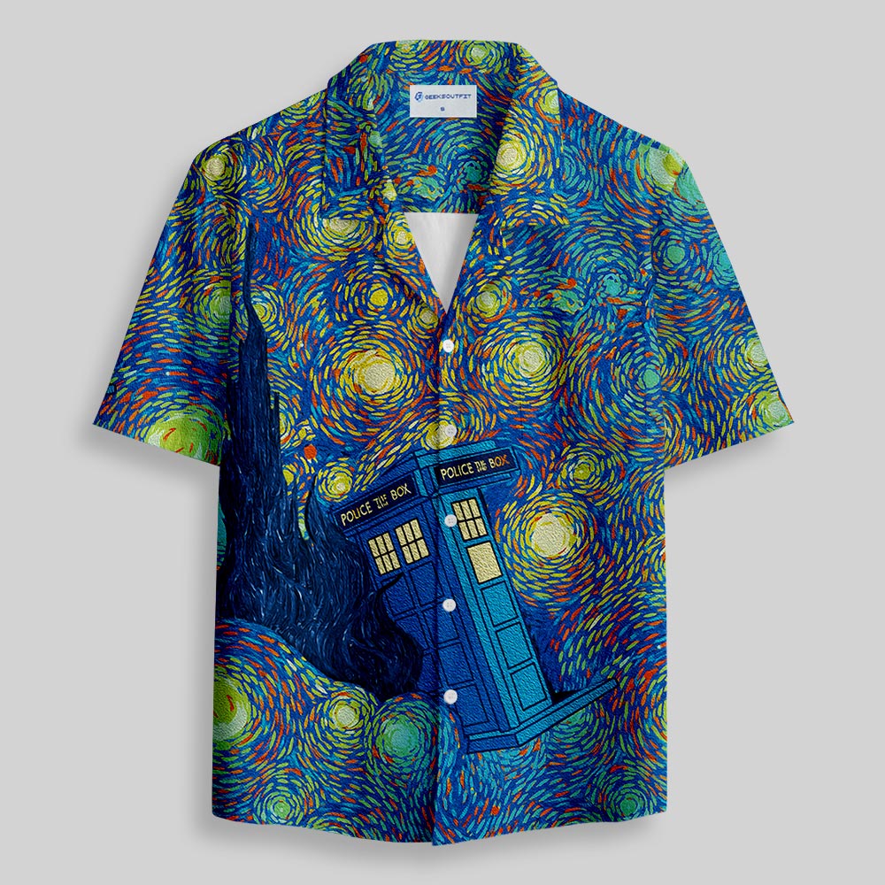 Starry Night Time Travel Machine Button Up Pocket Shirt
