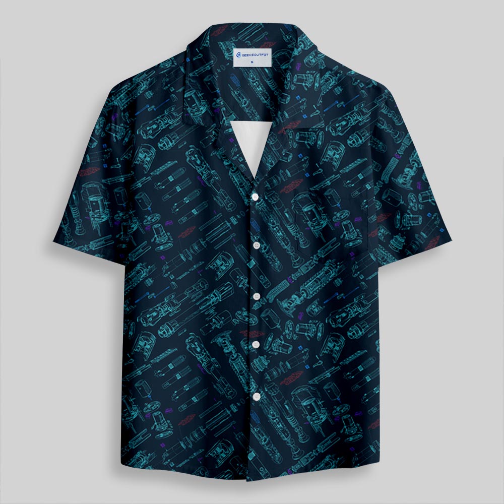 Space War Weapons Navy Button Up Pocket Shirt