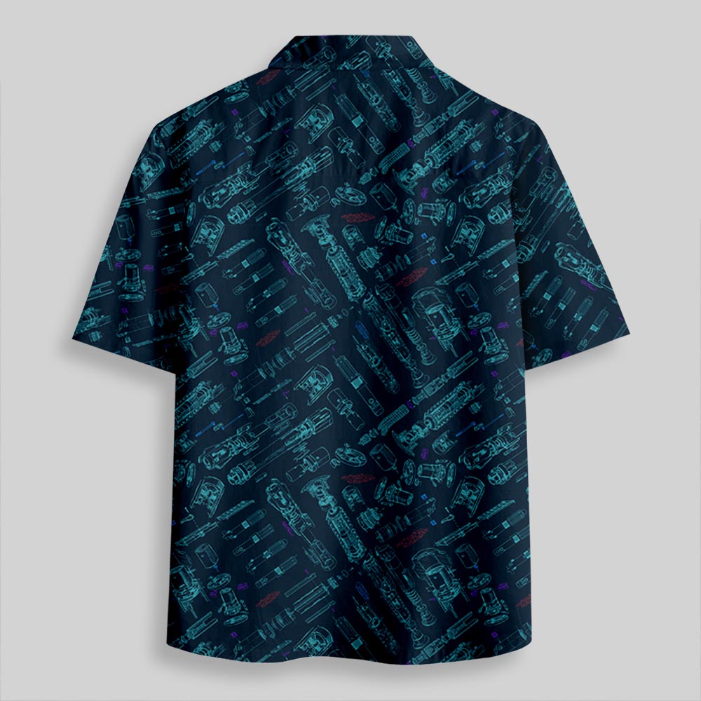 Space War Weapons Navy Button Up Pocket Shirt