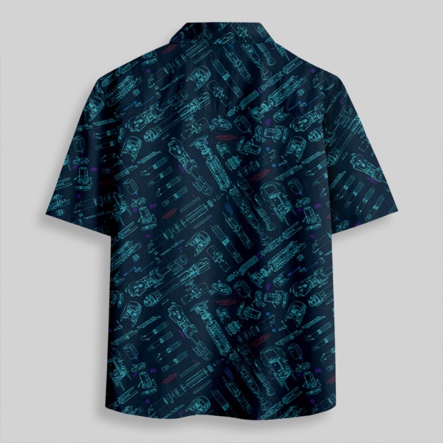 Space War Weapons Navy Button Up Pocket Shirt