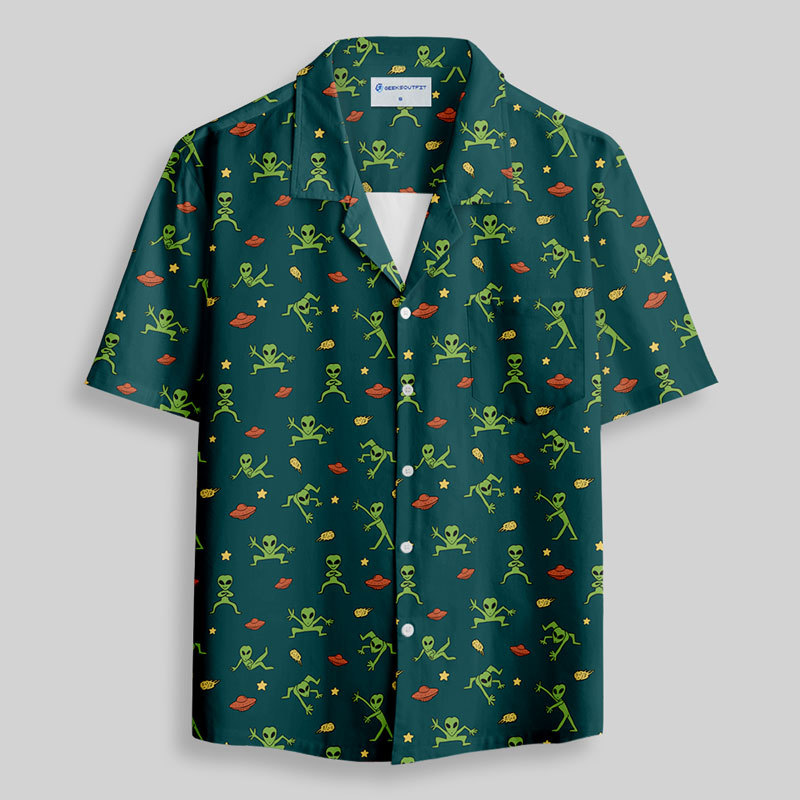 Alien Antics Green Button Up Pocket Shirt