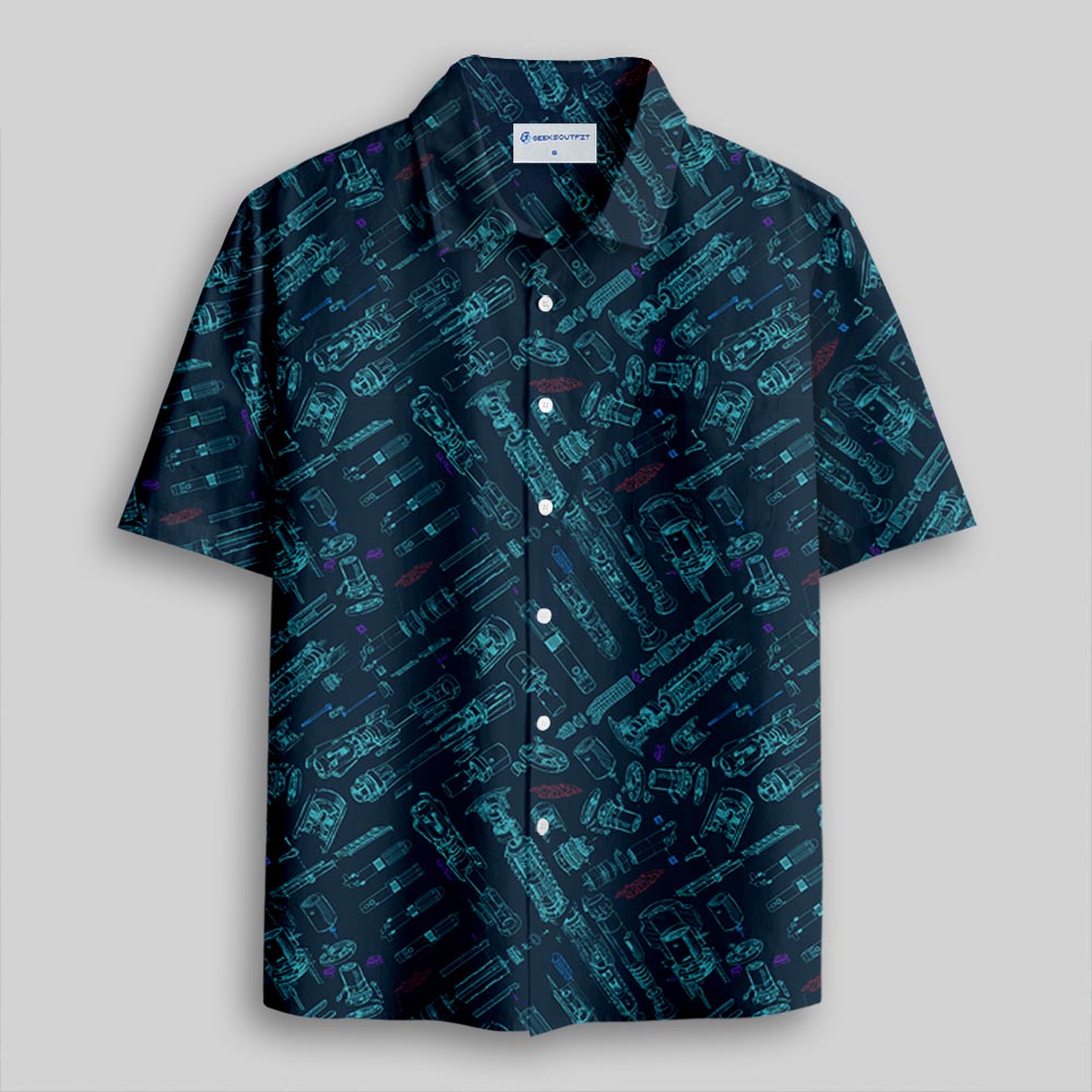 Space War Weapons Navy Button Up Pocket Shirt